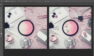 Dwa zdjęcia w Photoshopie: jedno z obiektami, drugie bez.